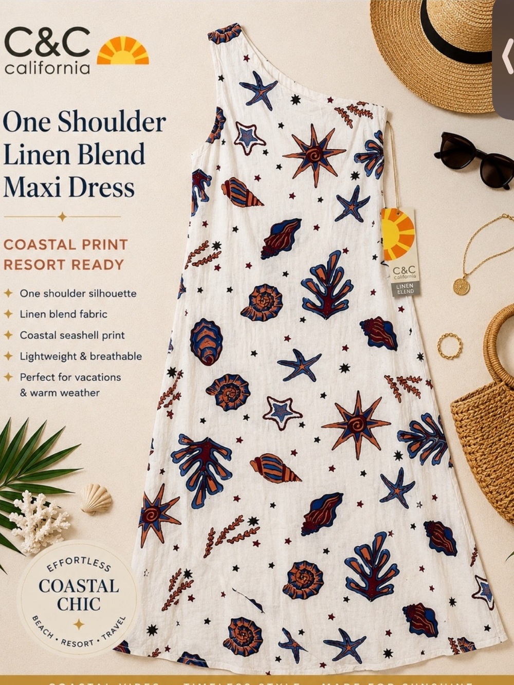 🍾NWT C&C California One-Shoulder White Maxi Dress w/Nautical Shell Print, Size L - Picture 7 of 8